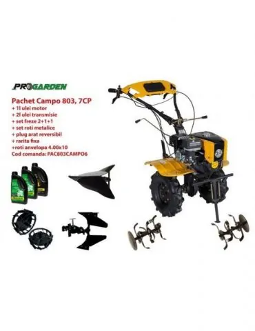 Pachet motocultor Campo 803 benzina 7.5CP 2+1 trepte 2+1+1 freze plug bilonat accesorii PR2 ulei motor si transmisie incluse Pro - Tik.ro
