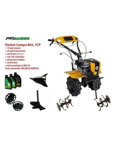 Pachet motocultor Campo 803 benzina 7.5CP 2+1 trepte 2+1+1 freze plug bilonat accesorii PS1 ulei motor si transmisie incluse Pro - Tik.ro
