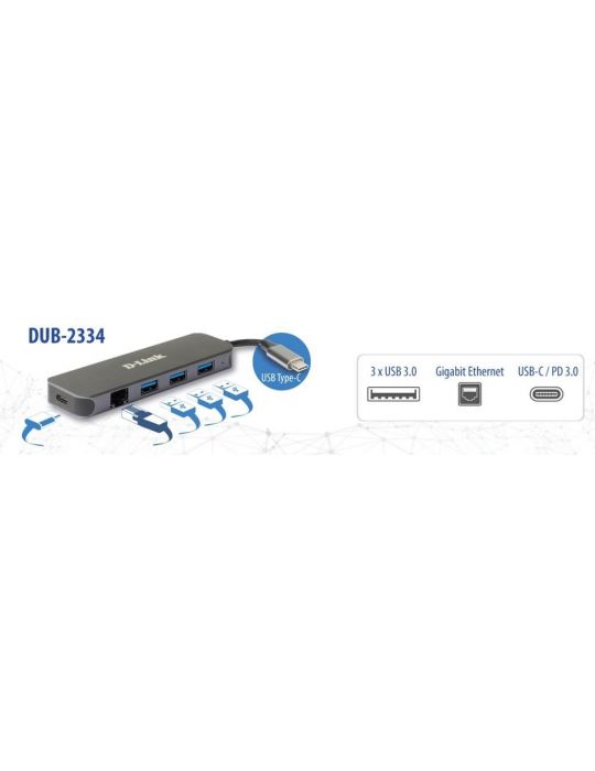D-Link DUB-2334 stații de andocare și replicatoare de porturi pentru calculatoare portabile Prin cablu USB tip-C Gri