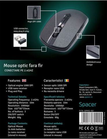 Mouse  spacer pc sau nb wireless 2.4ghz optic 1000 dpi butoane/scroll 3/1  negru spmo-161 (include tv 0.18lei) Spacer - 1