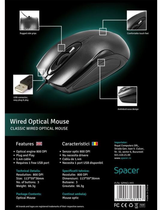 Mouse  spacer pc sau nb cu fir usb optic 800 dpi butoane/scroll 3/1  negru spmo-m11 (include tv 0.18lei) Spacer - 1