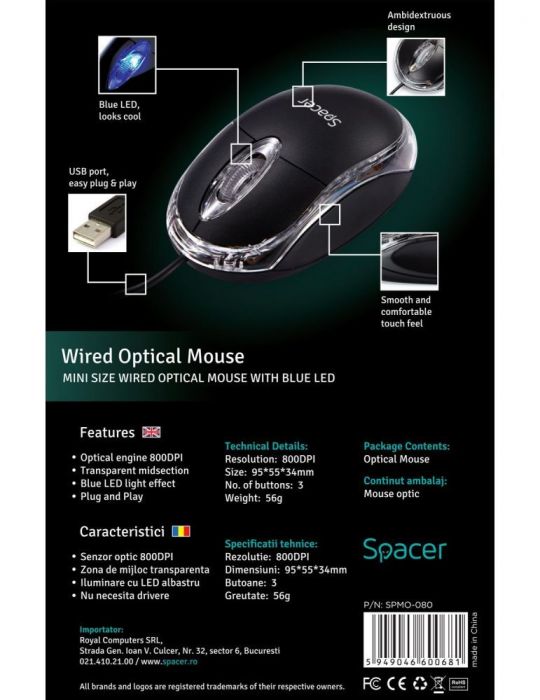 Mouse  spacer pc sau nb cu fir usb optic 800 dpi butoane/scroll 3/1  negru spmo-080 45503289 (include tv 0.18lei) Spacer - 1