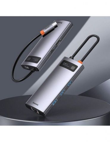 Docking station baseus metal gleam conectare pc usb type-c usb 3.0 x 3 rj-45 gigabit lan x 1 usb type c x 1 pd 100w 5v / 9v / 14