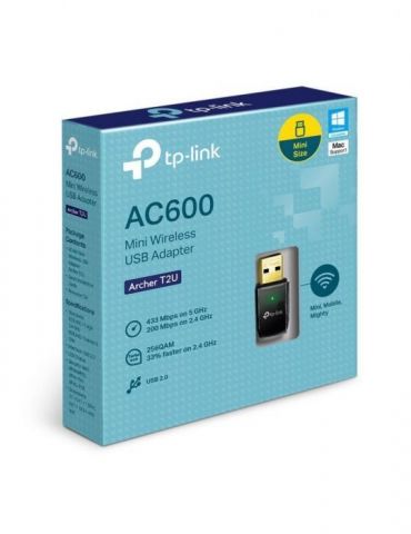 Adaptor retea tp-link ac600 extern wireless 2.4 ghz | 5 ghz usb 2.0 port 433 mbps antena interna x 1 bf-archer t2u(include tv 0.