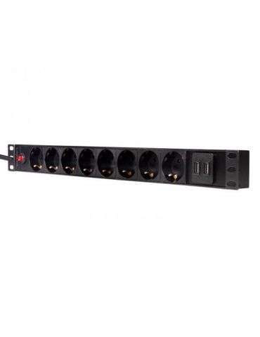 Pdu logilink 1u pt. rack 19 inch 8 prize schuko intrare schuko max 16 a on/off protectie la supratensiune 2 x usb 2.1a 2 m pdu8c