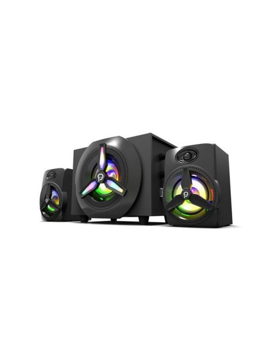 Boxe spacer gaming 2.1 rms: 16w (2 x 3w + 10w) control volum bass subwoofer lemn mdf 220v alimentare 14 x led black spb-hurrican