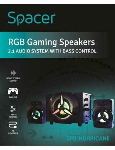 Boxe spacer gaming 2.1 rms: 16w (2 x 3w + 10w) control volum bass subwoofer lemn mdf 220v alimentare 14 x led black spb-hurrican