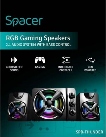 Boxe spacer gaming 2.1 rms: 11w (2 x 3w + 5w) control volum bass si inalte subwoofer lemn mdf 14 x led usb power black spb-thund