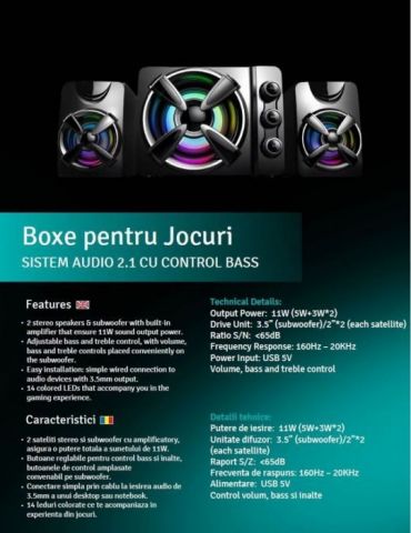 Boxe spacer gaming 2.1 rms: 11w (2 x 3w + 5w) control volum bass si inalte subwoofer lemn mdf 14 x led usb power black spb-thund