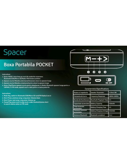Boxa spacer portabila bluetooth pocket-bk rms:  3w control volum acumulator 520mah timp de functionare pana la 5 ore distanta de