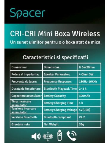 Boxa spacer portabila bluetooth cri-cri-blu rms:  3w control volum acumulator 300mah timp de functionare pana la 2 ore distanta 