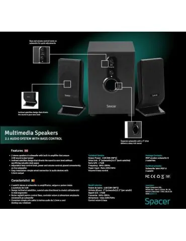Boxe spacer 2.1 rms: 11w (2 x 3w + 5w) control volum bass 220v alimentare black spb-2200 (include tv 3.5lei)  261900 Spacer - 1