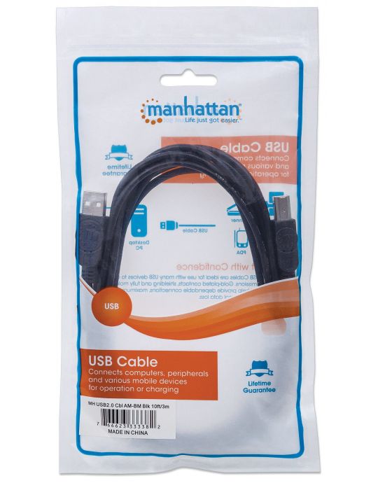 Manhattan 333382 cabluri USB 3 m USB 2.0 USB A USB B Negru