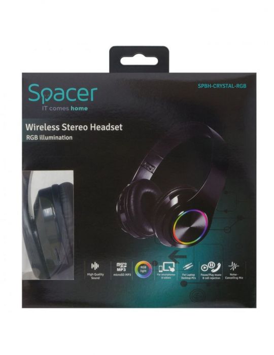 Casti  spacer wireless standard utilizare multimedia smartphone microfon pe casca conectare prin bluetooth 5.0 iluminare rgb neg