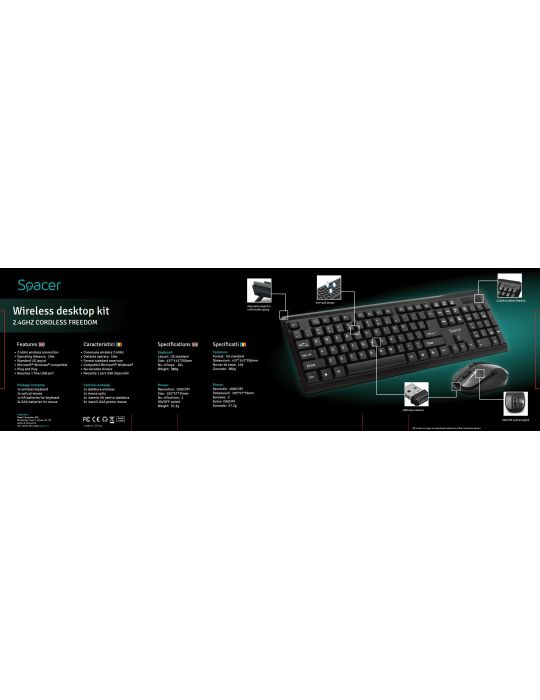 Kit wireless spacer tastatura wireless + mouse wireless black spds-1100   (include tv 0.8lei) Spacer - 1