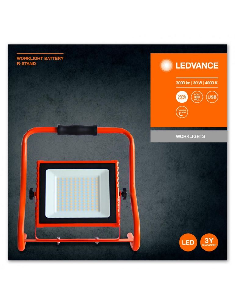 Proiector LED portabil (lampa de lucru) Ledvance Worklight Battery R- Stand, 30W, 5V, 3000 lm, lumina neutra (4000K), IP44/IK05,