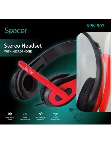 Casti  spacer cu fir standard utilizare multimedia microfon pe brat conectare prin jack 3.5 mm x 2 negru / rosu spk-507 (include