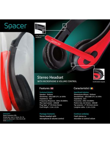 Casti  spacer cu fir standard utilizare multimedia microfon pe brat conectare prin jack 3.5 mm x 2 negru / rosu spk-507 (include