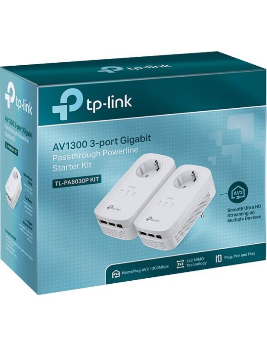 Kit adaptor powerline tp-link tehnologie av2 av1300 pana la 1300mbps 3 porturi gigabit priza ac 2 buc. tl-pa8030pkit (include ti