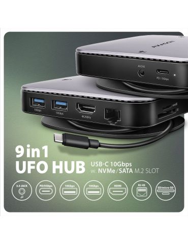 Axagon HMC-UFO USB-C Hub M.2 SATA NVMe 1 Gbit s Ethernet 384 kHz Audio Prin cablu USB 3.2 Gen 2 (3.1 Gen 2) Type-C Negru