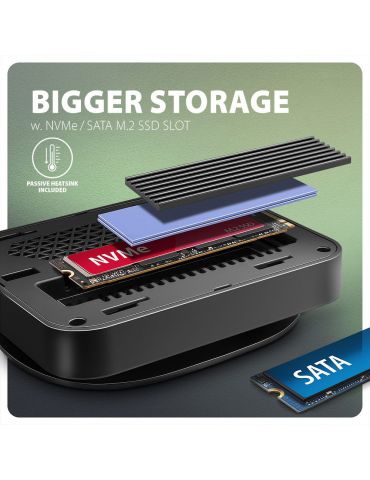 Axagon HMC-UFO USB-C Hub M.2 SATA NVMe 1 Gbit s Ethernet 384 kHz Audio Prin cablu USB 3.2 Gen 2 (3.1 Gen 2) Type-C Negru