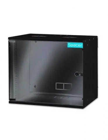 Cabinet 19 spacer   9u fixare pe perete flatpack (dezasamblat)  black 448 (h) x 515 (w) x 400 (d) mm usa sticla cu blocare otel  - Tik.ro