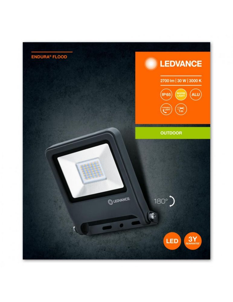 Proiector LED Ledvance ENDURA FLOOD, 30W, 220-240V, 2700 lm, lumina calda (3000K), IP65/IK06, 186x163x34mm, aluminiu, Gri