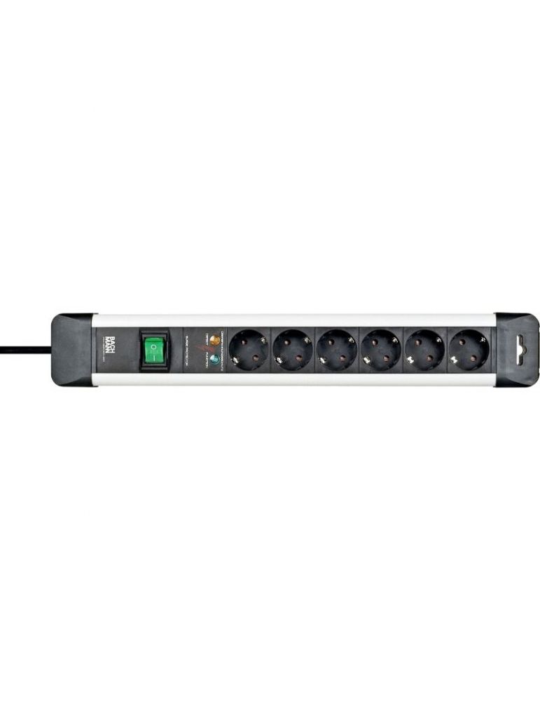 Prelungitor bachmann schuko x 6 conectare prin schuko (t) cablu 5 m protectie supratensiune | protectie copii negru | arginti
