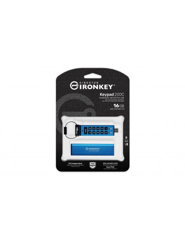 Kingston Technology IronKey Keypad 200 memorii flash USB 16 Giga Bites USB tip-C 3.2 Gen 1 (3.1 Gen 1) Albastru