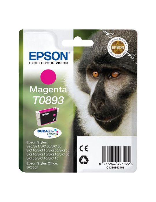 Epson Monkey Singlepack Magenta T0893 DURABrite Ultra Ink Epson - 1