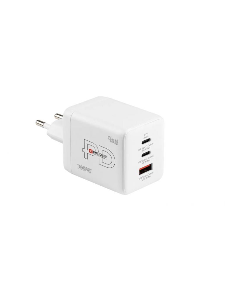 Incarcator retea Skross, 2x USB-C, 1x USB-A, GaN, PD 100W, cablu USB-C, alb