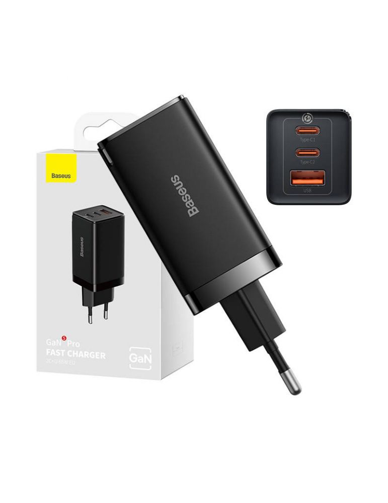 Baseus GaN5 Pro 2xUSB-C + încărcător de rețea USB, 65W (negru)