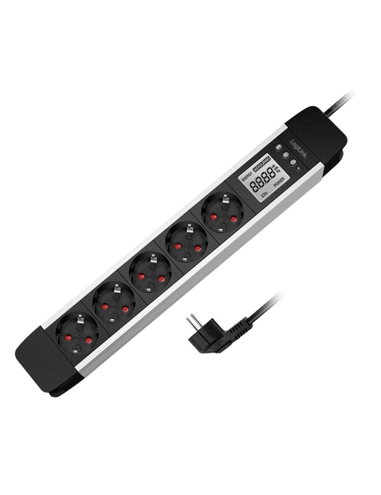 Power Strips & Surge Suppressors PRELUNGITOR LOGILINK, Schuko x 5, cablu 3G 1.5mm2, 230 V/16 A, 50 Hz, max. 3500 W, LCD consum, butoane: Power, Q, CO2, Reset, 1.