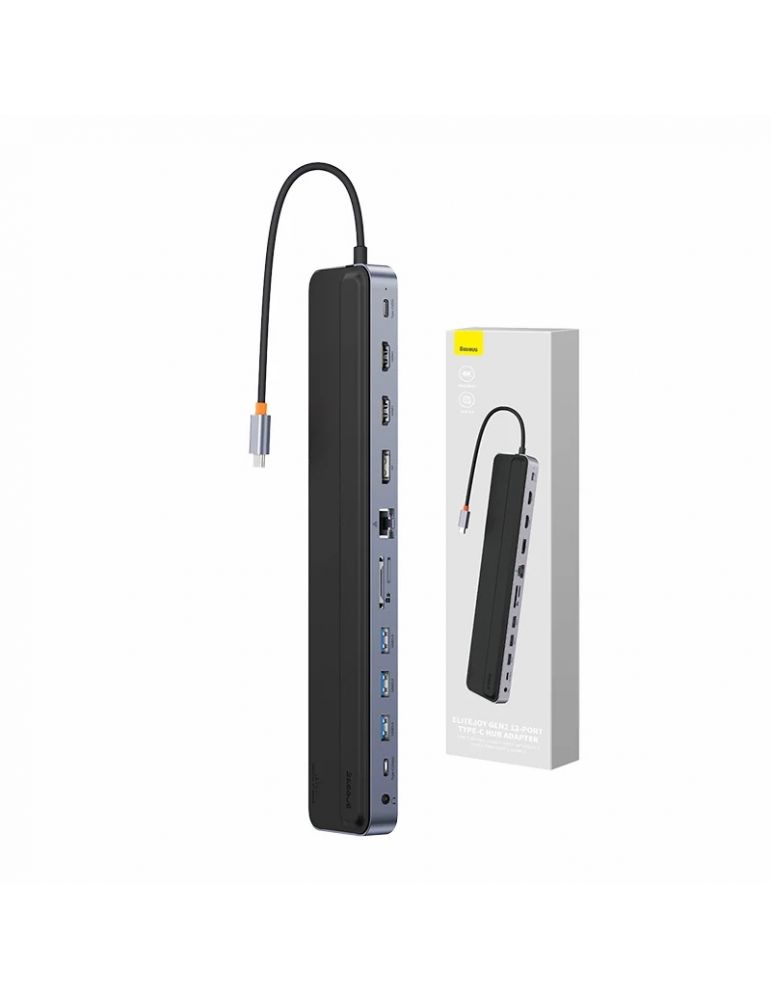 Hub 12in1 Baseus EliteJoy Gen2 series USB-C la 2xHDMI+ 3xUSB 3.0+ PD+ DP+ SD/TF+ RJ45+Type-C+ 3.5mm (gri închis)