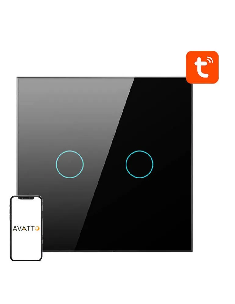 Light Switches ZigBee Avatto ZTS02-EU-B2 Comutator tactil Dual TUYA (negru)