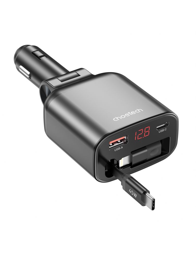 Incarcator auto retractabil Choetech TC0033, 1x USB-C, 1x USB-A, cablu USB-C integrat, 105W, negru