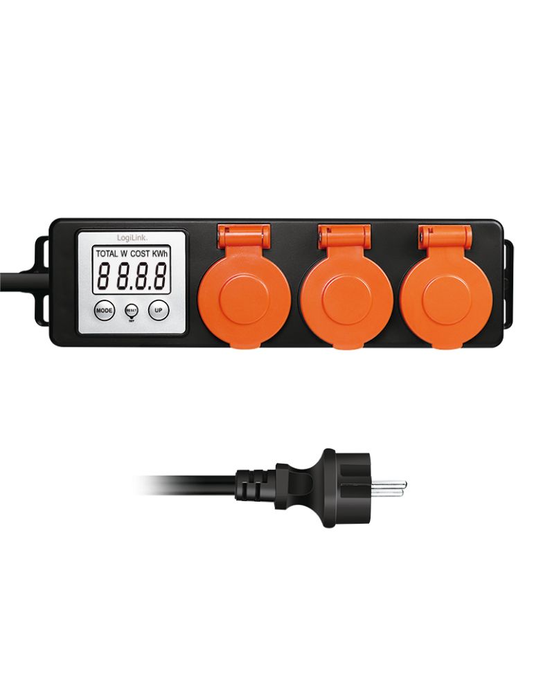 Power Strips & Surge Suppressors PRELUNGITOR LOGILINK, Schuko x 3, cablu 3G 1.5mm2, 230 V/16 A, 50 Hz, max. 3500 W, contor cost energetic, LCD, 3 butoane operare