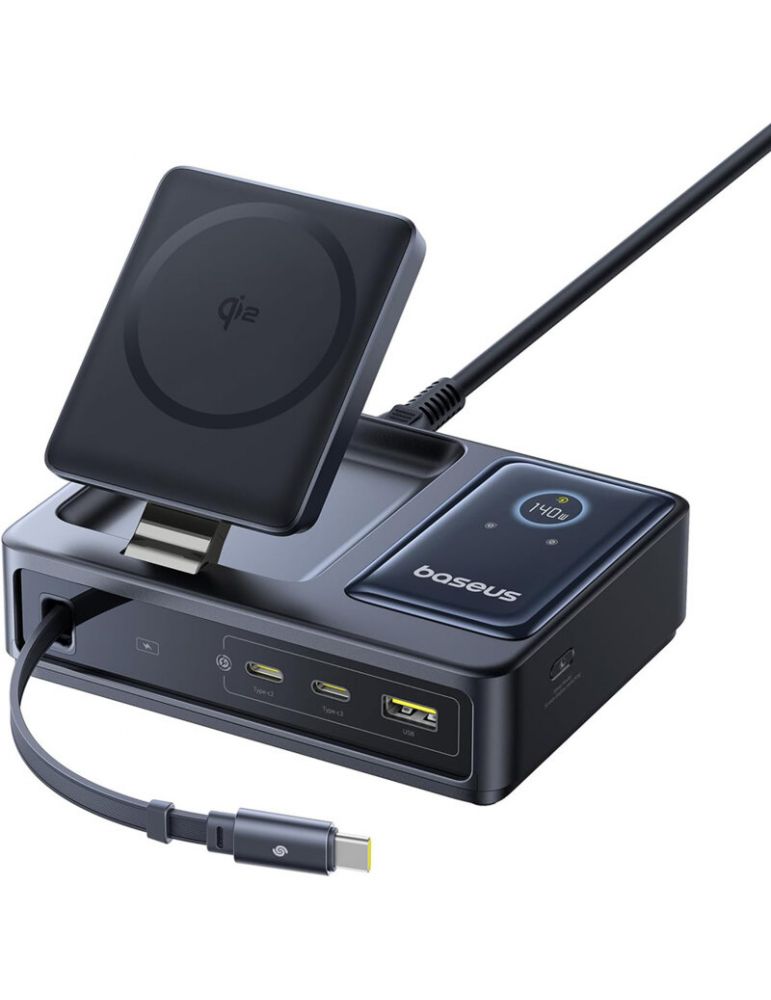 Baseus INCARCATOR retea Baseus NOMOS 5-in-1 Desktop Charger, Quick Charge 140W, incarcare wireless 15W max. Qi2, 3 x USB Type-C, 1 x US