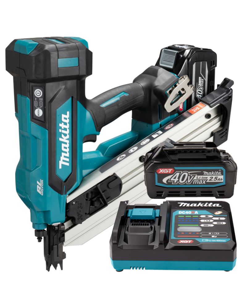 Nailers & Staplers MAKITA BN001GD201 Pistol pentru cuie pentru lemn brushless, cu 2 acumulatori Li-Ion, 40V XGT, 2.5Ah, 50-90 mm
