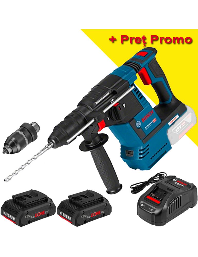 Bosch BOSCH GBH 18V-26 F (SOLO) Ciocan rotopercutor brushless, Li-Ion, 2.6J + Set 2 acumulatori 4Ah ProCore + Incarcator