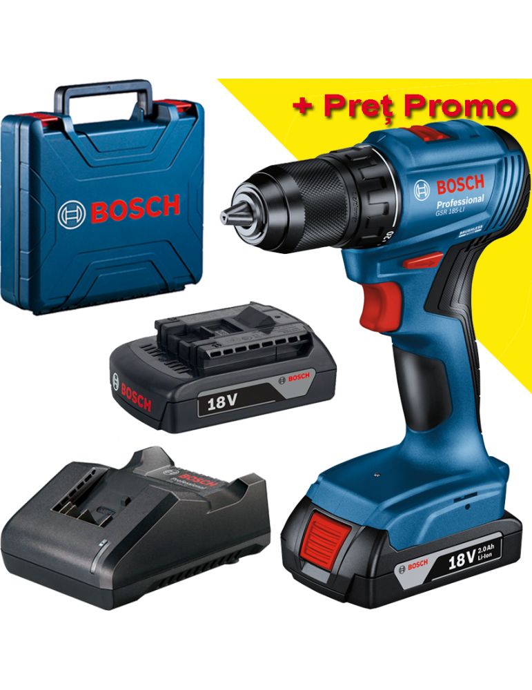 Bosch BOSCH GSR 185-LI Masina de gaurit si insurubat brushless cu 2 acumulatori Li-Ion, 2Ah (cu afisaj), 50Nm + Valiza