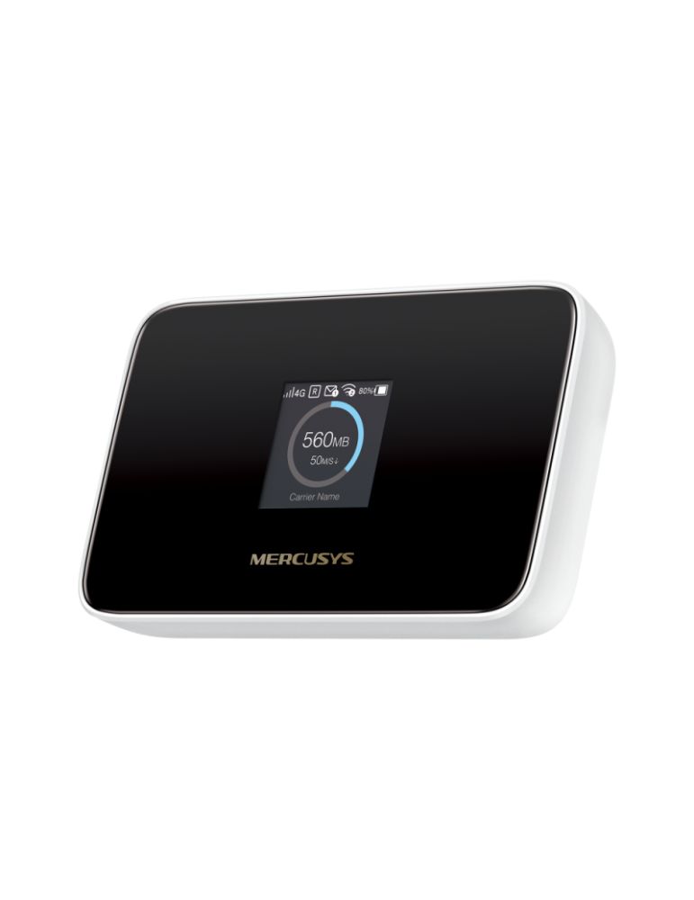 Mercusys 150Mbps 4G LTE Mobile Wi-Fi Build-In 150Mbps 4G LTE Modem SPEED: 287 Mbps at 2.4 GHz, 4G Cat4 150/50 Mbps SPEC: 1.44 Inch Screen