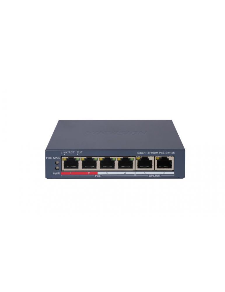 Hubs & Switches Switch PoE Hikvision DS-3E1106P-EI: 4 × 10/100 Mbps PoE port,2 × 10/100 Mbps RJ45 port, 4 porturi PoE maxim 30W, buget PoE 60W,