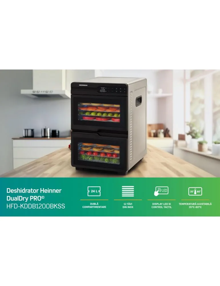 Food Dehydrators FOOD DEHYDRATOR HEINNER DUALDRY PRO HFD-KDDB1200BKSS, 1000-1200W, LED DISPLAY, DUAL STORAGE WITH AIRFLOW SYSTEM (FAN INSIDE EACH