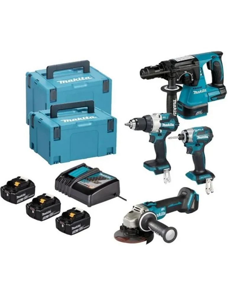 Power Tool Combo Sets MAKITA DLX4195JX1 KIT 4 SCULE 18 V (DHP489Z + DGA504Z + DHR243Z + DTD173Z cu 3 acumulatori Li-Ion, de 5 Ah + Incarcator) + MakPa
