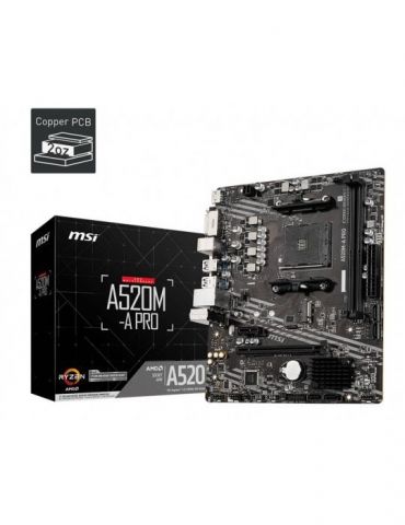 Placa de baza msi a520m skt am4 amd a520 matx slot ram 2 x ddr4 max 64 gb 4x s-ata 3 1x m.2 1x pci-e pci-e3.0 x 16 x 1 pci-e3.0 